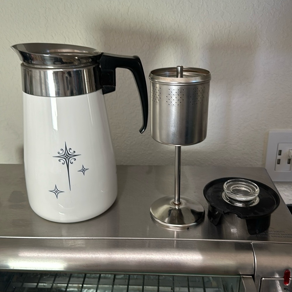 Corningware White and Silver Coffee Carafe with Modern Design